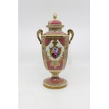 Noritake pink ground vase, along with a Chinese figure and a parasol Condition: Gilding worn.