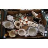 Assorted ceramic pieces including Ironstone and Rockingham jugs,