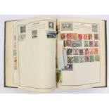Two green cloth stamp albums, brown vinyl stock book, blue loose leaf album,