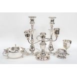 Assorted silver plated items including two candlesticks, candlesticks, candelabra,