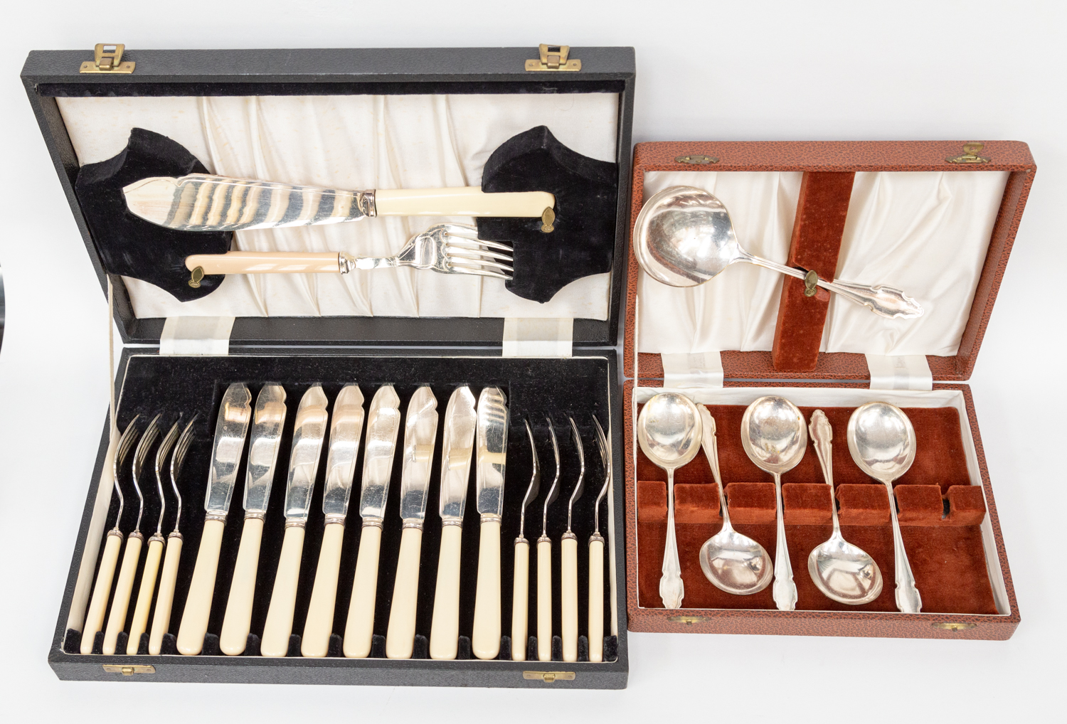 A silver plated Victorian style set of eight fish knives and forks with servers (boxed) and a set