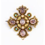 A Victorian quatrefoil brooch set turquoise, pearl and amethyst stones, unmarked 9ct gold,