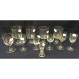 Four 19th Century rummers and seven various antique cut glass and blown glass drinking and toasting