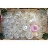 A box of assorted glassware to include glasses, pink vase, cut glass etc.