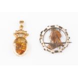 A 9ct gold double sided agate set pendant, size approx 35 mm x 15 mm,