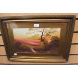 A pair of rustic scene watercolours or heavier medium and a watercolour Sunset (3) naive