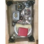 A collection of assorted silver plated items, including teapots, various trays,