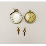 Two silver metal cased pocket watches and keys