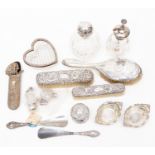 A collection of Victorian and 20th Century silver dressing table ware including: silver mounted