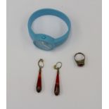 A pair of agate drop earrings together with a silver ring and an Italian full sport blue rubber