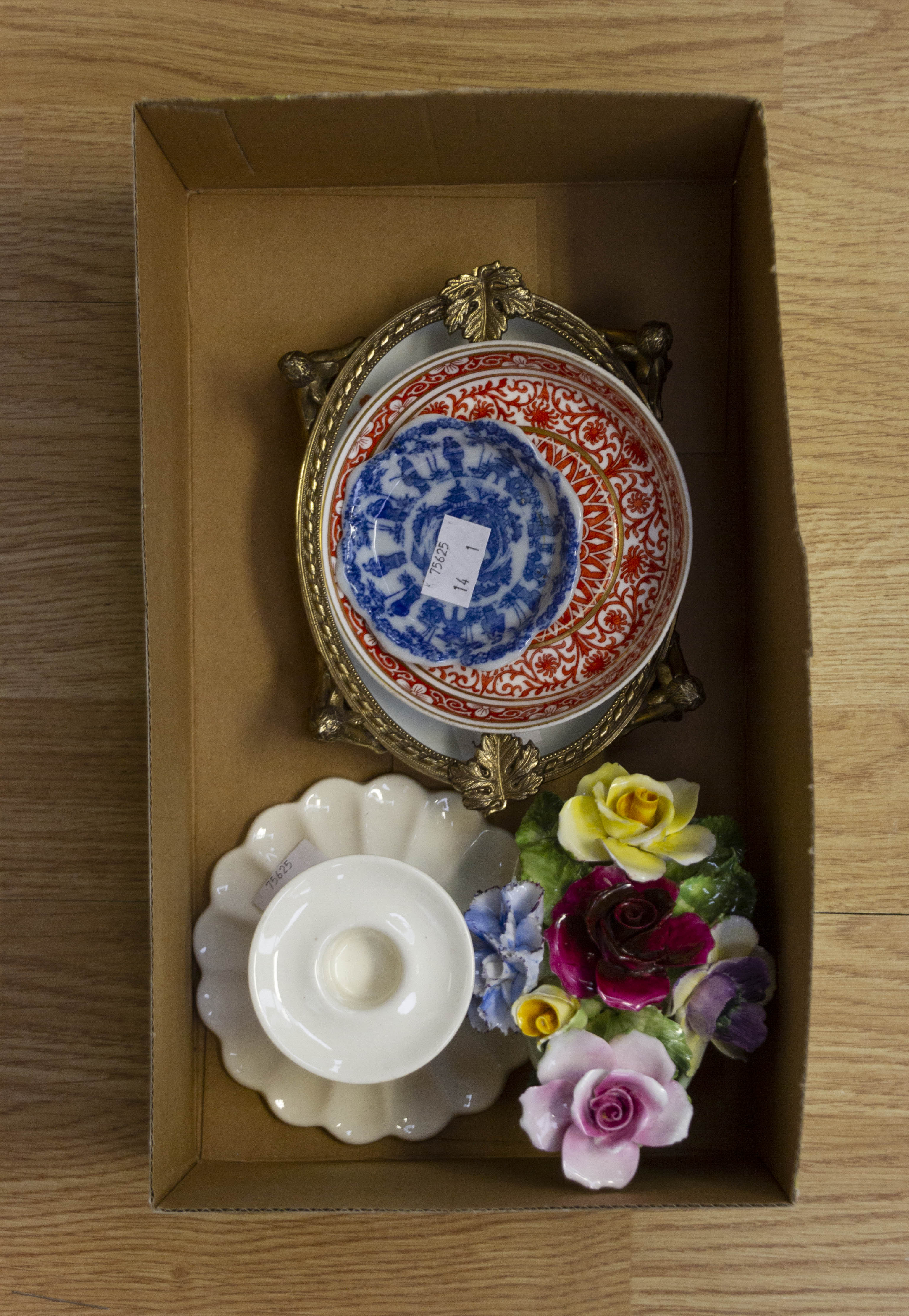 Assorted chinaware including floral basket,