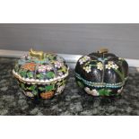 A pair of Cloisonné enamel pumpkin shaped lidded bowls,