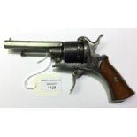 Belgian pin fire pocket revolver. 85mm long octagonal barrel. Bore approx 8mm. Folding trigger.