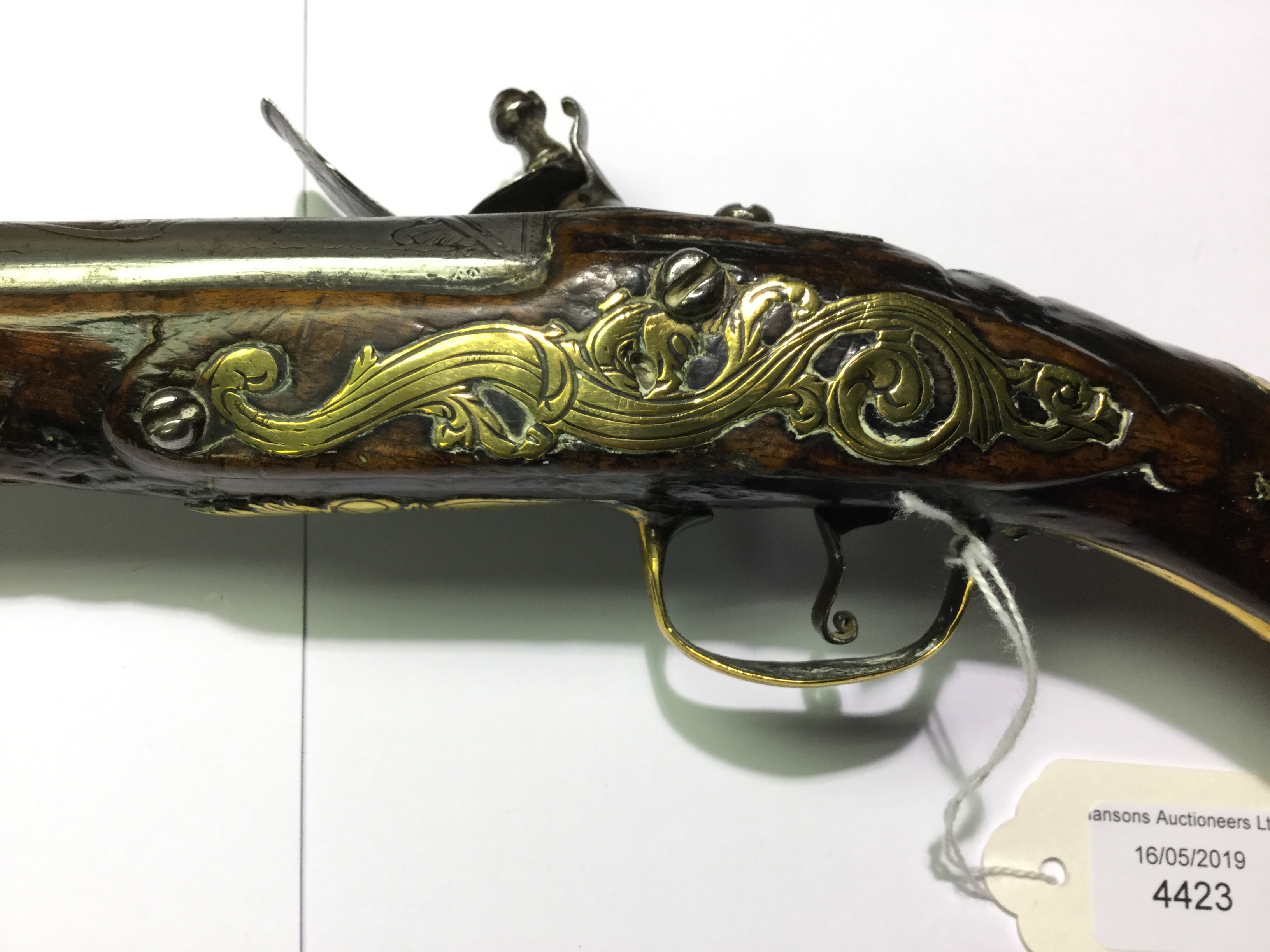 Flintlock pistol with 300mm long barrel. Engraved barrel with grotesque mask. - Image 7 of 9