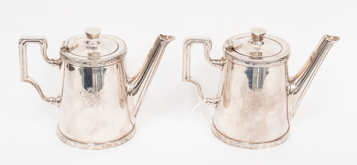 A pair of Ercuis electroplated batchelor coffee pots (2)