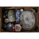 A collection of Asian ceramics including a baluster shaped blue and white vase,