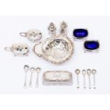 An Edward VII four piece silver cruet, a silver mustard and pepperette,