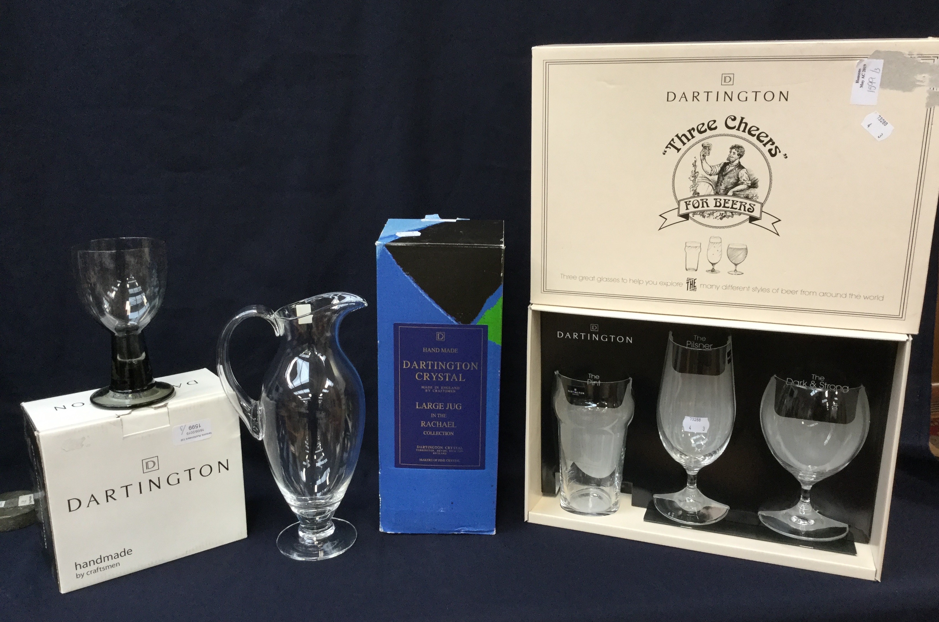 Dartington glass boxes, including crystal jug, Three Cheers for Beers box set,