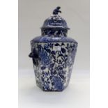 A 19th Century earthen ware blue and white pot pourri vase with cover and inner cover (A/F)