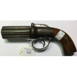 A 19th Century Pepper Pot Pistol,3 inch barrels,6 shot, no makers mark. Walnut grip marked "3584".