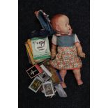 1950's Composition Doll with original clothes, I Spy books, card games etc.