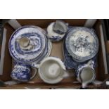 A collection of assorted blue and white ceramics including graduated jugs, various plates, Spode,