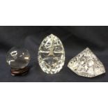 A Waterford cut glass paperweight of pyramid form, plus an oval paperweight, dicentenery,
