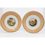 A set of six Derby porcelain dessert plates, each painted with scenes within peach borders,