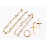 A collection of 9 ct gold jewellery comprising a fancy link bracelet, a heart link bracelet,
