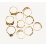 A collection of ten various 9ct gold rings including a diamond solitaire, size O1/2,