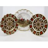 Two Imari Royal Crown Derby plates along with a Royal Crown Derby fan plate, hand painted by M Pell,