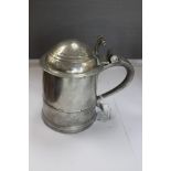 A straight sided tankard with dome lid and cut card decoration on thumbpiece,