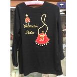 A mid to late 1970's black long sleeved top, embellished with a red satin handbag with a gold rope,