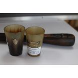 Two horn small beakers and a Nelson walking stick