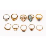 A collection of ten 9ct gold stone set dress rings, a 9ct white gold and diamond solitaire,