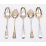 A set of five George III provincial Old English pattern silver tablespoons, engraved initial 'B',