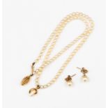 A cultured pearl single row necklace with 9ct gold clasp with matching faux pearl earrings