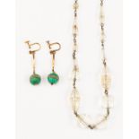 A pair of circa 1920's gilt metal and green stone possibly chrysopase set drop earrings,