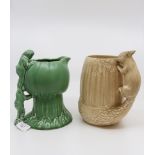 Sylvac jugs: pixie handle green matt glaze 1989 pattern (small chip to lip) and beige matt glaze,