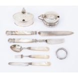 A collection of silver including: a William IV silver three piece cutlery suite, comprising knife,