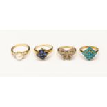 Four 9ct gold stone set dress rings, to include, sapphire, diamond,