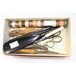 Assorted sewing and wooden implements,