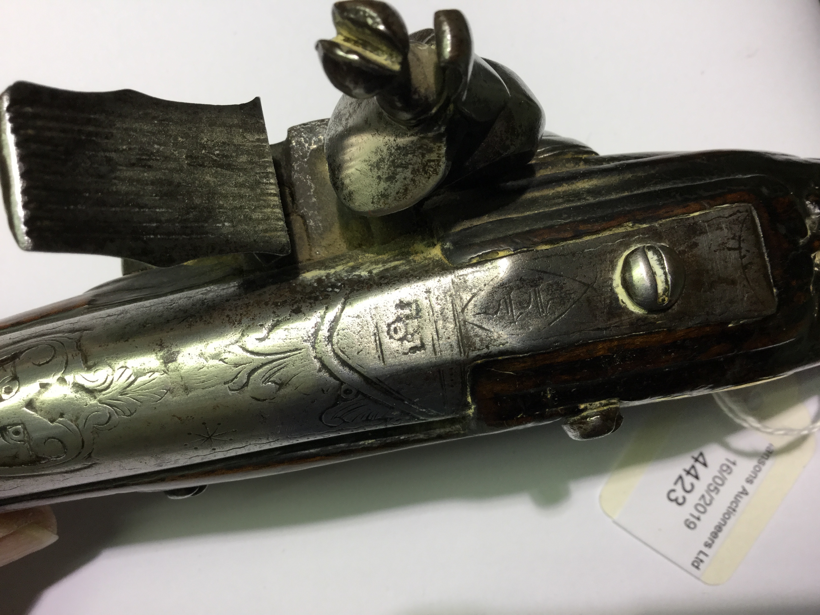 Flintlock pistol with 300mm long barrel. Engraved barrel with grotesque mask. - Image 9 of 9