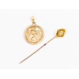 A 9ct gold St Christopher pendant and Victorian 9ct gold and seed pearl set tie pin, boxed,