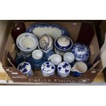 Collection of blue and white kitchen wares with Denby and White Horse whisky water jug
