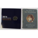 The Tale of Mrs Tittlemouse" 1910 first edition and 2016 United Kingdom Beatrix Potter coin