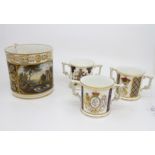 Early Derby 'In Germany' Tankard (A/F) with three Royal Crown Derby loving cups