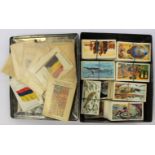 A box of cigarette cards and Kensitas cigarette silk flags cards