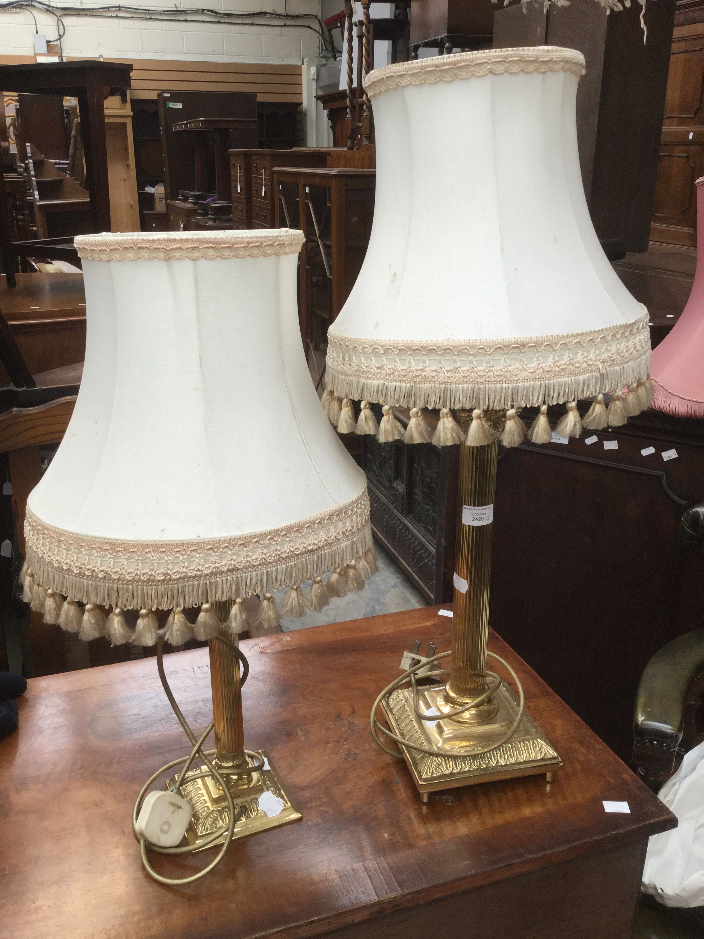 Two table lamps brass coloured style,