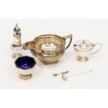 White metal sauce boat, pepperette, mustard pot silver spoon, and salt,